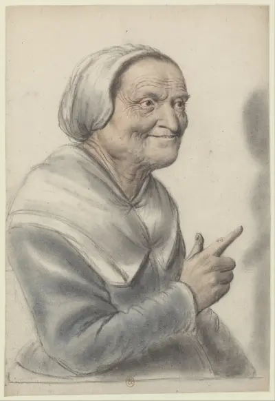 Femme âgée portant une coiffe blanche, l’index pointé, vue de trois quarts à droite av Nicolas Lagneau