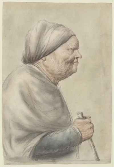 Femme âgée, portant une coiffe blanche, tenant une canne dans la main droite, vue de profil à droite av Nicolas Lagneau