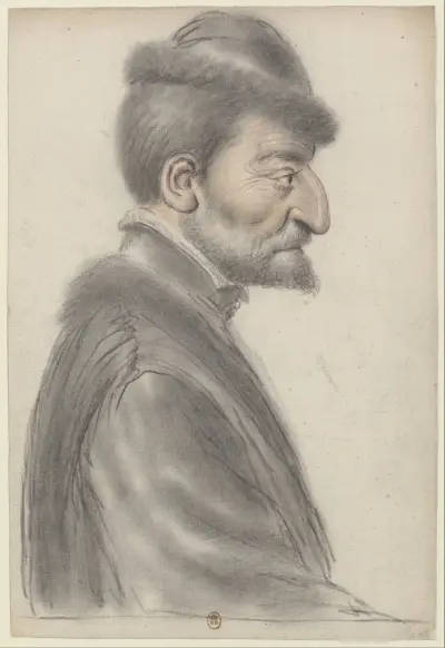 Homme âgé, à la barbe courte, coiffé d’un bonnet bordé de fourrure, de profil à droite av Nicolas Lagneau