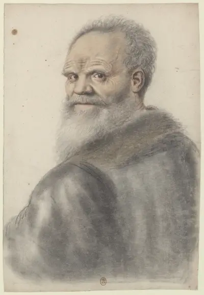 Homme âgé, à longue barbe, de dos, se retournant, la tête vue de trois quarts à gauche av Nicolas Lagneau
