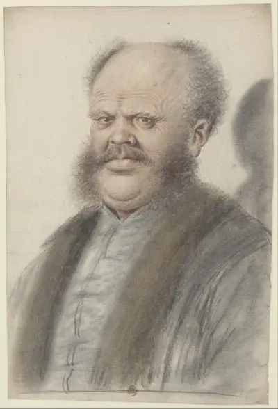 Homme au crâne dégarni, portant moustaches et larges pattes de cheveux descendant sur les joues, vu presque de face av Nicolas Lagneau