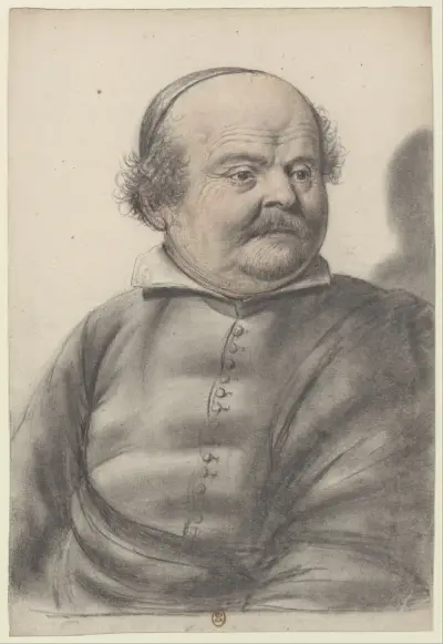 Homme au visage rond, portant moustaches et royale, coiffé d’une calotte, la tête de trois quarts à droite av Nicolas Lagneau