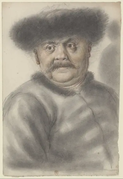 Homme coiffé d’un bonnet de fourrure, de face av Nicolas Lagneau