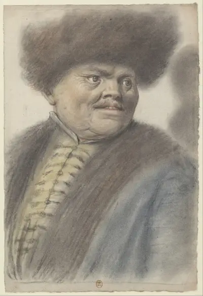 Homme se retournant vers la droite, coiffé d’un bonnet de fourrure et portant un manteau bleu bordé de fourrure sur une veste à brandebourgs de couleur jaune av Nicolas Lagneau