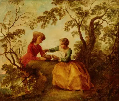 Ein junges Paar beim Werben um ein Vogelnest („Le Nid d’Oiseaux“) von Nicolas Lancret