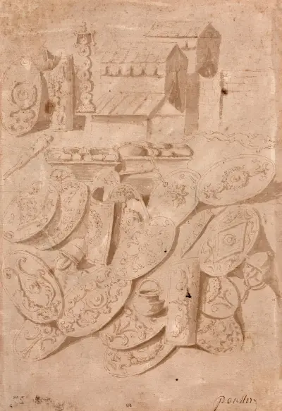 Etude de tentes, casques, boucliers, chaudron et autres objets d’après la colonne Trajane, Nicolas Poussin
