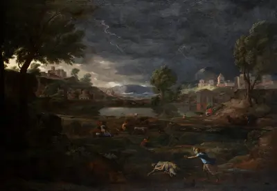 Landscape during a Thunderstorm with Pyramus and Thisbe av Nicolas Poussin