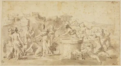 Moses verteidigt die Töchter des Jethro am Brunnen av Nicolas Poussin