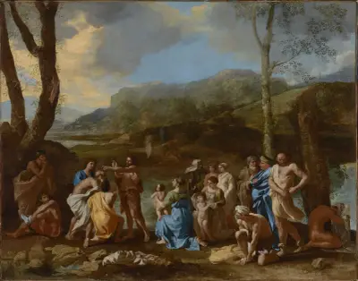 Saint John Baptizing in the River Jordan av Nicolas Poussin