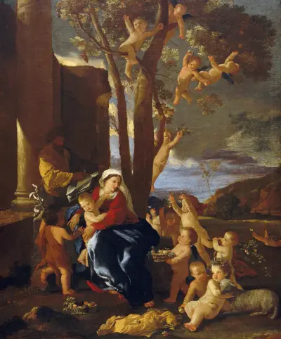 Den heliga familjen med Johannes Döparen av Nicolas Poussin