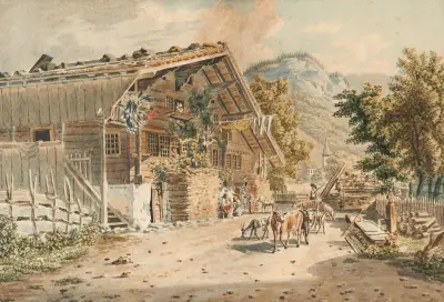 Bondgård och gata i Meiringen av Franz Niklaus König
