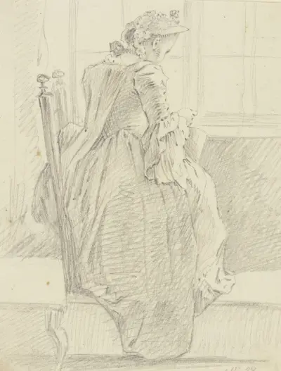 Frau mit Handarbeit am Fenster av Daniel Nikolaus Chodowiecki