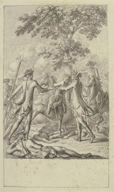 Zwei Soldaten helfen Friedrich dem Großen von einem zusammensinkenden Pferd – Nr. 1 von Daniel Nikolaus Chodowiecki