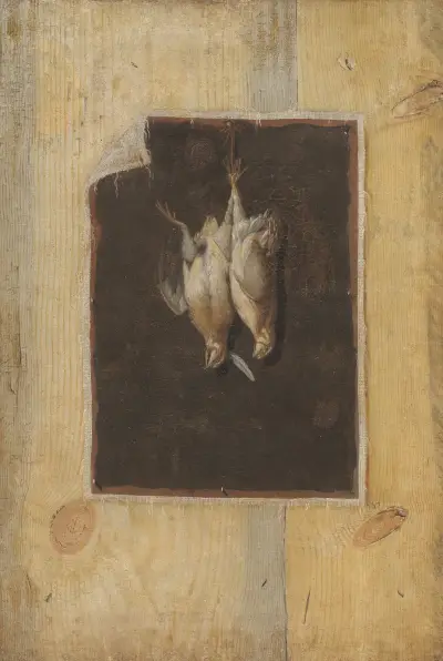 Trompe L’oeil. Board Partition With A Still Life Of Two Dead Birds Hanging On A Wall av Cornelis Norbertus Gijsbrechts