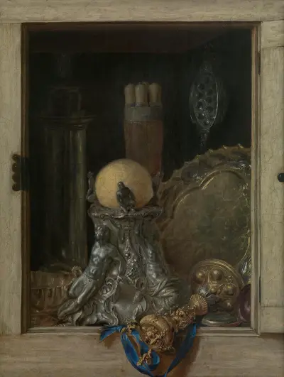 Trompe l’oeil of an open cupboard with precious vessels av Cornelis Norbertus Gijsbrechts