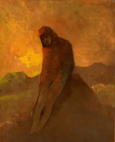 Figure en rouge assise sur un rocher av Odilon Redon