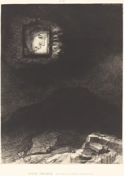Lueur precaire, une tete a l’infini suspendue (Precarious glimmering, a head suspended) av Odilon Redon