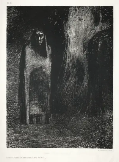 The Man Was Alone in a Night Landscape av Odilon Redon