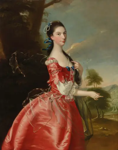 Portrait of Miss Ann Carver before a landscape av Joseph Wright of Derby