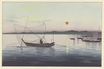 Boats and Setting Sun av Ohara Koson