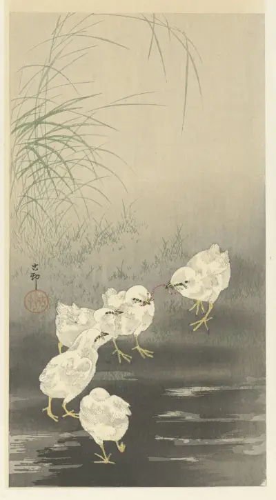 Chicks and Worm av Ohara Koson