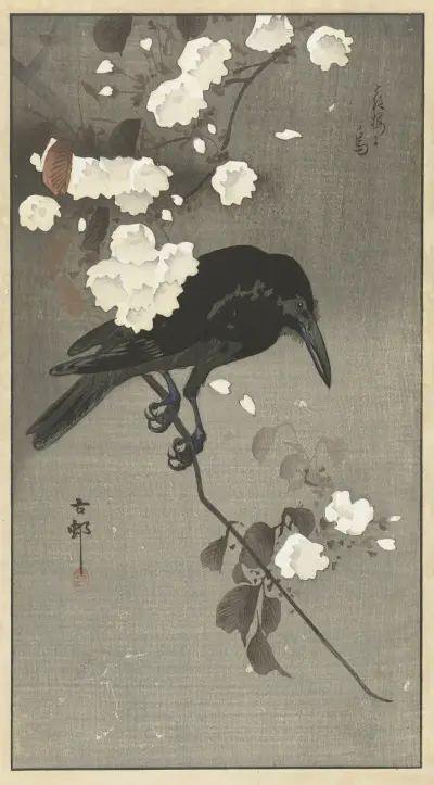 Vråna s třešňovým květem, Ohara Koson