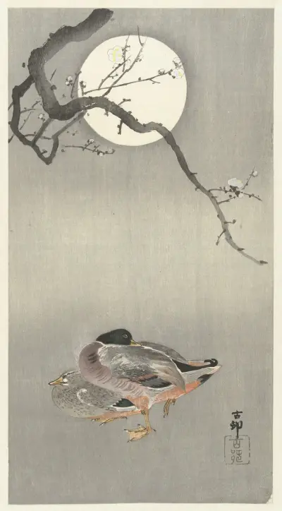 Kachny při úplňku, Ohara Koson