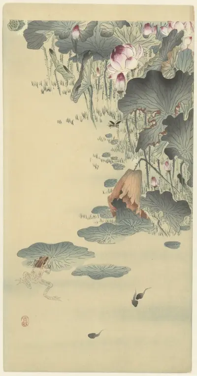 Frog and tadpoles av Ohara Koson