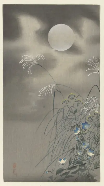 Trávy a květiny při úplňku, Ohara Koson