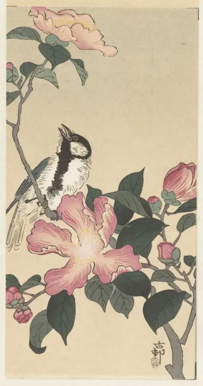 Sýkora koňadra na větvi s růžovými květy, Ohara Koson