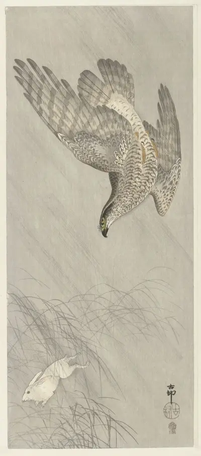 Jestřáb lovící zajíce, Ohara Koson