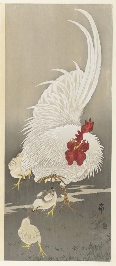Kohout a tři kuřata, Ohara Koson
