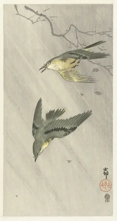 Zpěvní ptáci v dešti, Ohara Koson