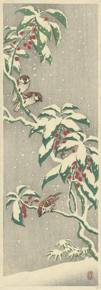 Vrabci na zasněženém rybízovém keři, Ohara Koson
