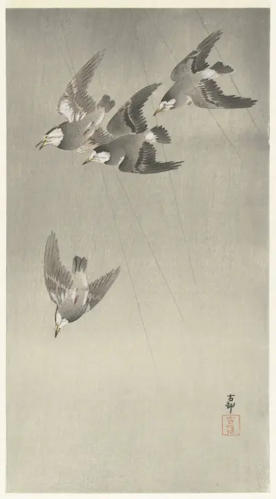 Špačci v dešti, Ohara Koson