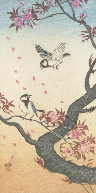 Dvě sýkory koňadry u kvetoucího stromu, Ohara Koson