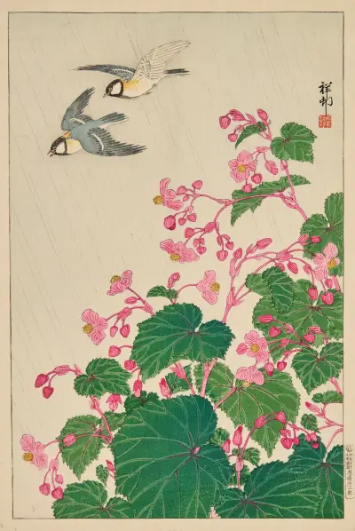 Dva mandžuští sýkorky v letu nad begonií, Ohara Koson