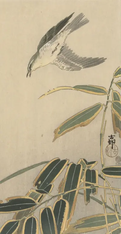 Stenskvätta med bambu, Ohara Koson