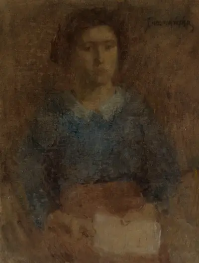 Porträt einer Frau in blauer Bluse von Olga Boznanska