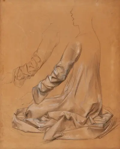 Studie av draperi på en figur i trekvartsvy bakifrån, i dräkt, och studie av en ärm av Luc-Olivier Merson