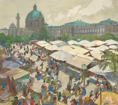 Den gamla Naschmarkt med Karlskirche omkring 1910 av Oskar Laske