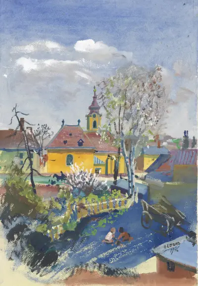Frühjahr 1946 in Ober St. Veit (Blick auf die Pfarrkirche) av Oskar Laske