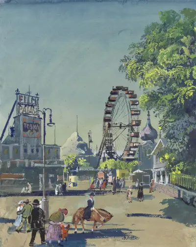 Im Prater bei der Hochschaubahn, Riesenrad u. Filmpalast av Oskar Laske