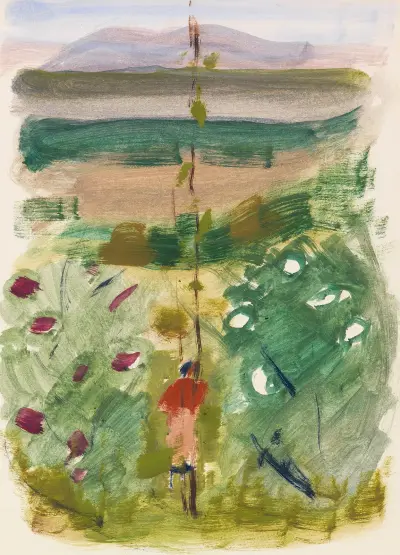 Landschaft mit Rückenfigur zwischen Büschen av Oskar Schlemmer