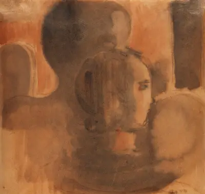 Mädchenkopf vor dunkler Figurensilhouette von Oskar Schlemmer