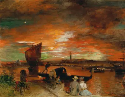 A scene at dusk in Venice av Oswald Achenbach