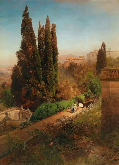A view of the garden of Villa d’Este in Tivoli, near Rome av Oswald Achenbach
