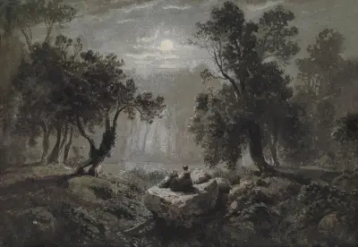 Eine romantische Waldlandschaft im Mondlicht von Oswald Achenbach