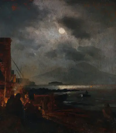 Fischer in der Bucht von Neapel bei Mondschein av Oswald Achenbach