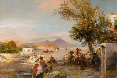 Ländliches Fest am Ufer der Bucht von Neapel von Oswald Achenbach